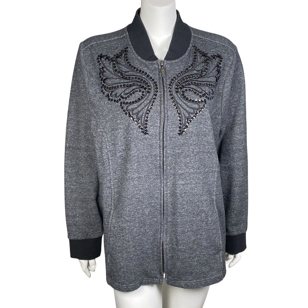 Bob Mackie Wearable Art Embroidered Sequin Zip Up Knit Jacket Size XL Gray